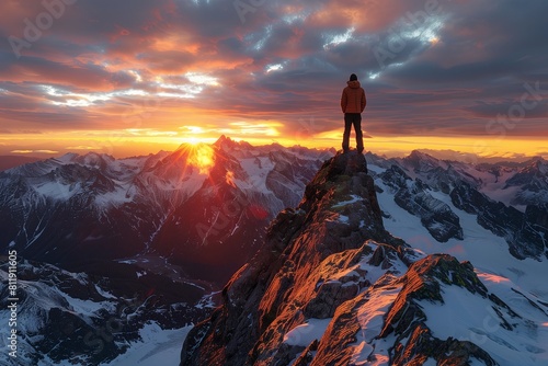 A lone trekker stands on a craggy ridge facing the radiant sunrise illuminating the snowy mountain range. AI Generated. © Denis Mamin