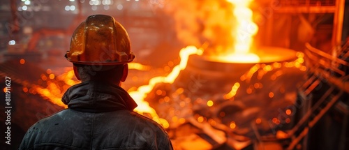 Steelworker wearing protective gear looks at the molten metal being poured from a ladle into a mold.