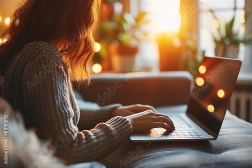 A woman in a cozy setting works on her laptop, symbolizing the flexibility of online counseling services in the comfort of one's home. AI Generated.