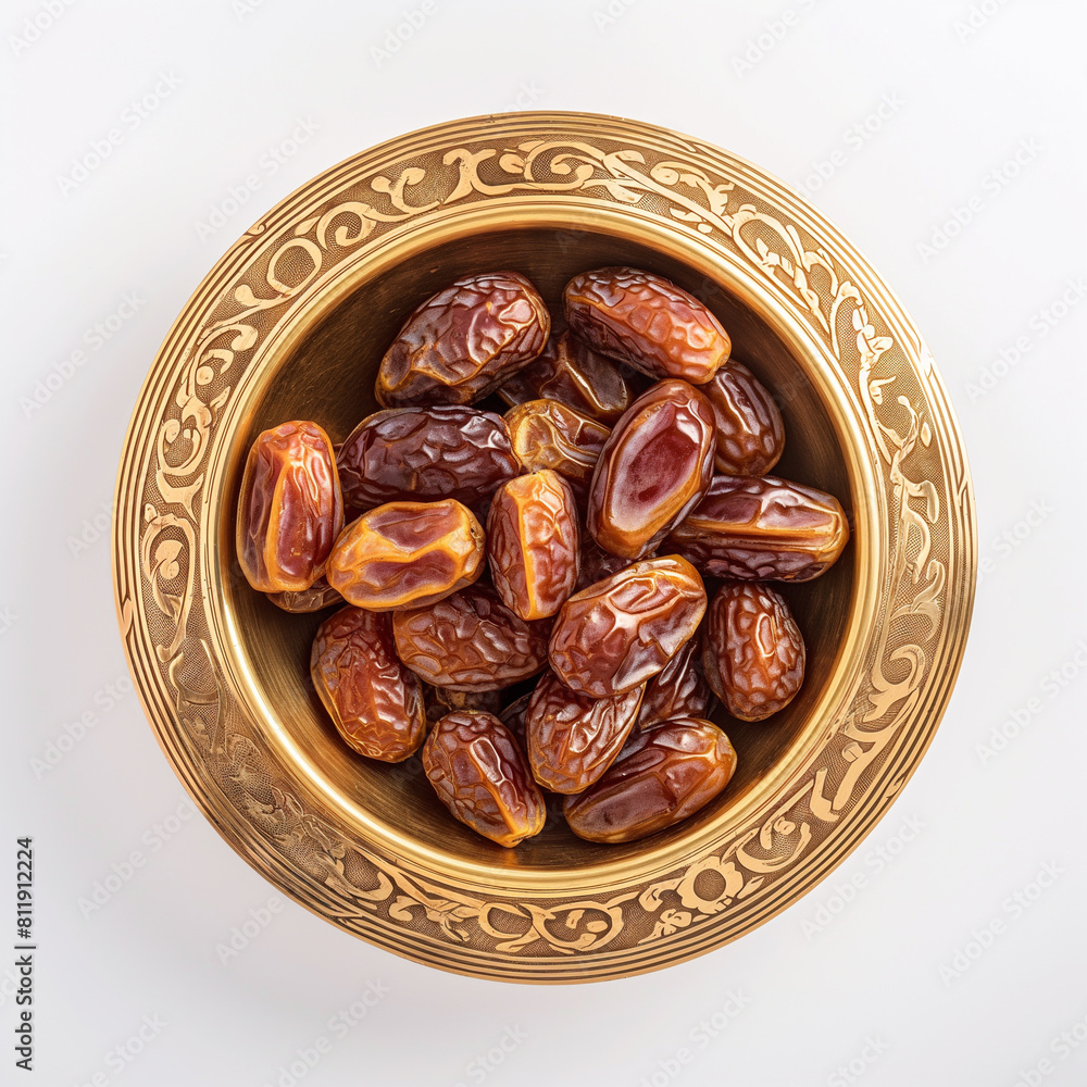 top view of arabic clay bowl of dates for Ramadan, rose gold theme, 60 degree angle camera white isolated background top view of arabic clay bowl of dates for Ramadan, rose gold theme, 60 degree angle camera white isolated background