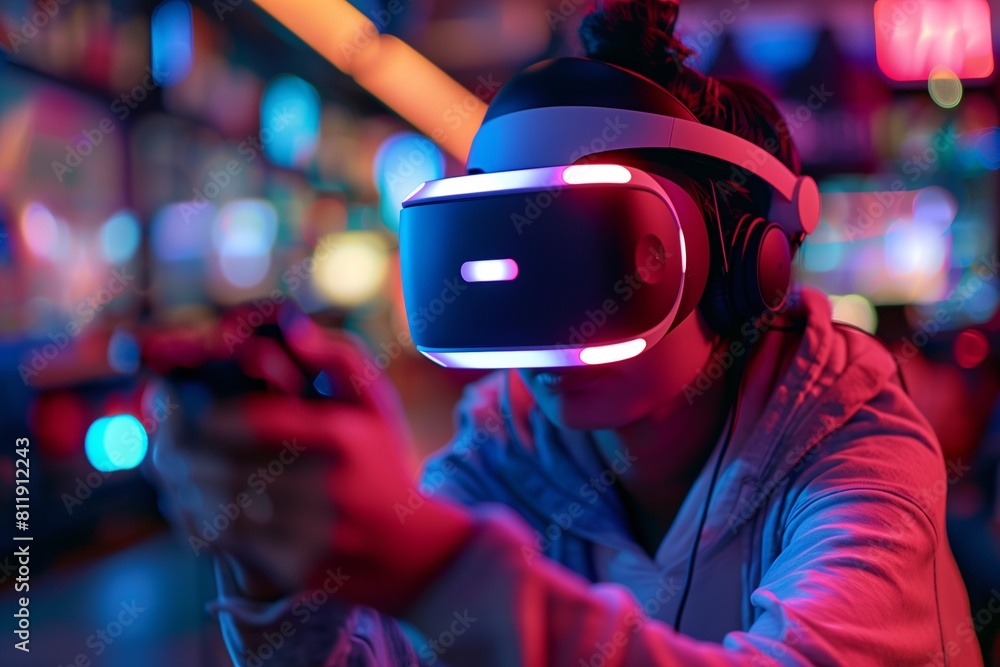 Youth immersed in a VR game, neon lights reflecting on the VR headset, emphasizing the allure of immersive gaming technology. AI Generated. Youth immersed in a VR game, neon lights reflecting on the VR headset, emphasizing the allure of immersive gaming technology. AI Generated.