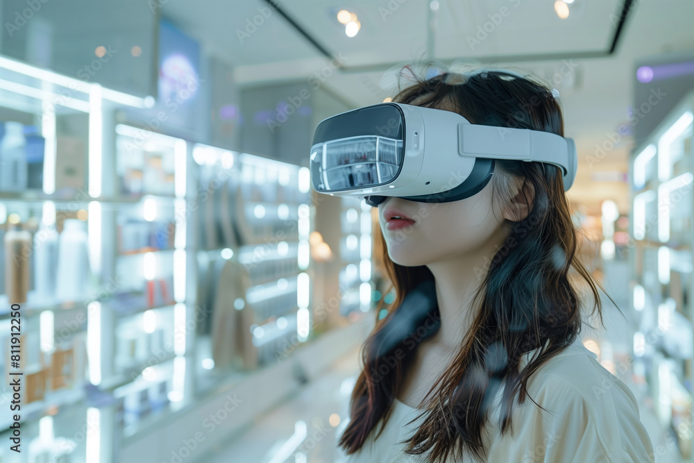 A customer explores a virtual aisle with a high-tech VR headset in a blurred store background. - AI Generated A customer explores a virtual aisle with a high-tech VR headset in a blurred store background. - AI Generated