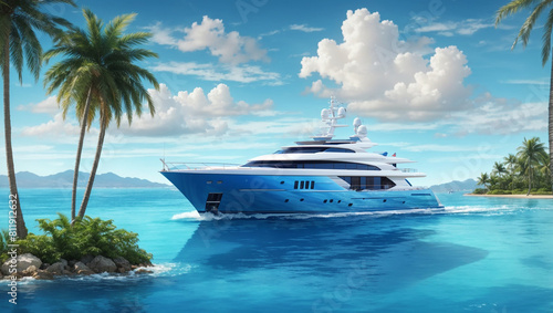 A large blue and white yacht is anchored in a tropical bay. 
