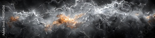 Dramatic Black Marble Texture Background with Chaotic Swirls of Lightning and Energy
