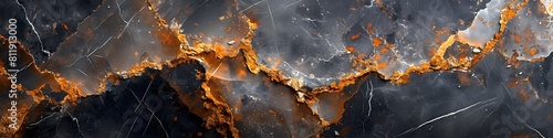 Dramatic Fiery Molten Marble Texture with Crystalline Black and Orange Geological Pattern photo