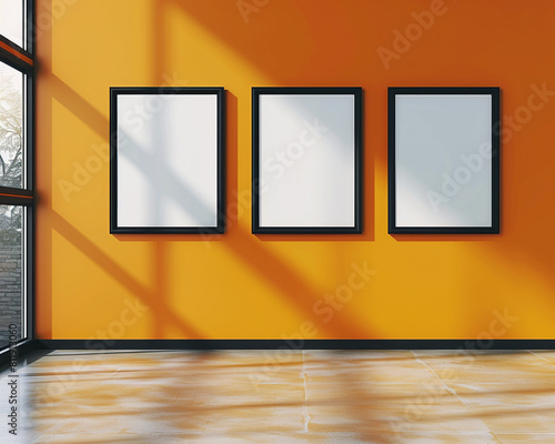 Contemporary dance studio with three empty posters in dynamic black frames spotlighted against a vibrant orange wall perfect for dance class promotions or performance ads