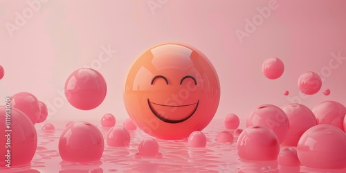Pink happy face emoji floating above a sea of pink bubbles.