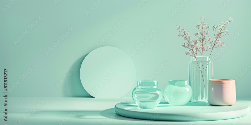 The photo shows a still life of a vase of flowers, a bowl, and a candle on a green table against a green background The photo shows a still life of a vase of flowers, a bowl, and a candle on a green table against a green background