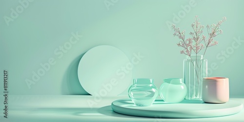 The photo shows a still life of a vase of flowers, a bowl, and a candle on a green table against a green background © Kamonwan