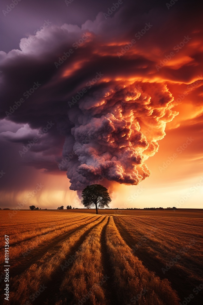 A dramatic cloud behind the tree with warm light A dramatic cloud behind the tree with warm light