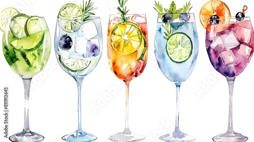 colorful gin tonic cocktails in wine glasses watercolor style on a white background photo