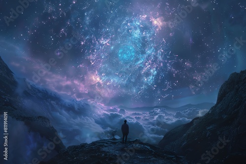 Craft a hauntingly beautiful scene of a lone figure gazing at a distant surrealistic heaven Utilize intricate particle effects to convey a sci-fi ambience