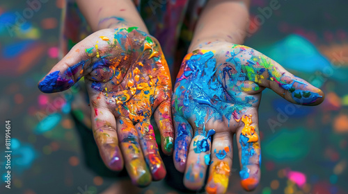 Vibrant Palette: A Child's Hands Awash in Colorful Paint, Inspiring Creativity