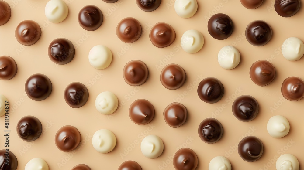 Fototapeta premium Arrange white milk and dark chocolate candies closely together on a beige background