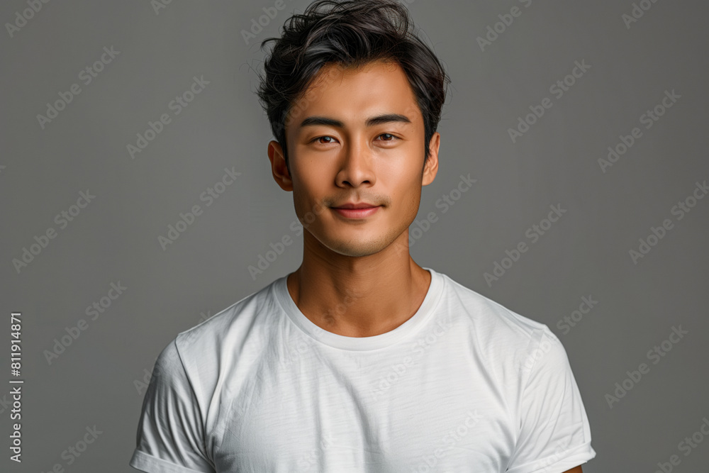 Asian man in white t-shirt posing for portrait against grey minimalist blank background, copy space Asian man in white t-shirt posing for portrait against grey minimalist blank background, copy space