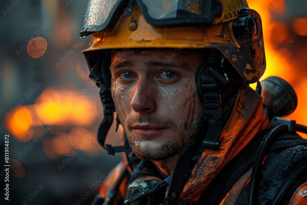Fireman in Helmet Faces Camera Fireman in Helmet Faces Camera