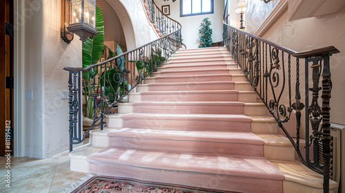 Elegant luxury home foyer with blush carpeted stairs highlighted by an ornamental iron banister and a plush landing area rug Overhead a vintage lantern chandelier casts a warm glow