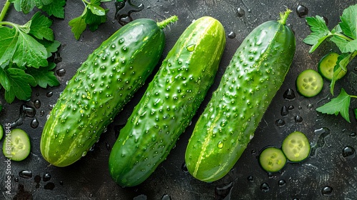 Cucumbers on a dark surface with water drops.