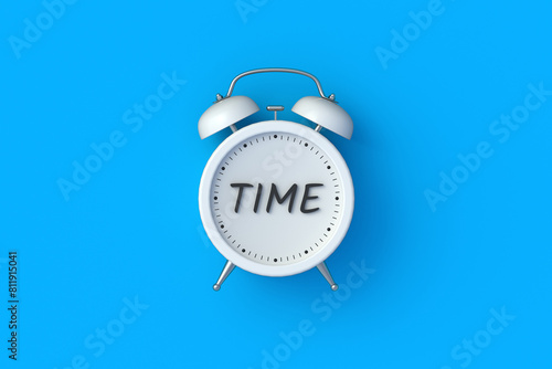 Inscription time on alarm clock on blue background. Summertime conception. Limited work period. Rest or vacation. Business motivation. Wait timer. Starting business. 3d render photo