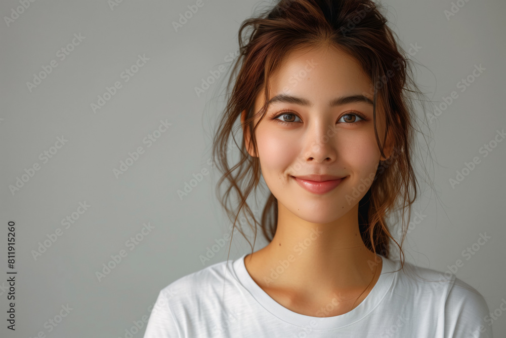 Asian woman in white shirt smiling against light grey minimalist blank background with copy space Asian woman in white shirt smiling against light grey minimalist blank background with copy space