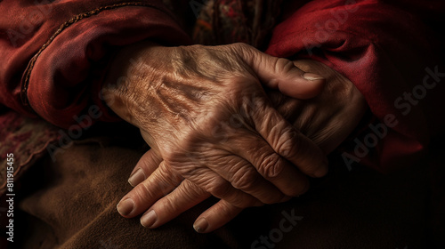 A heartwarming close-up of wrinkled hands intertwined, showcasing the timeless love and devotion between an elderly couple. Dynamic and dramatic composition, with copy space