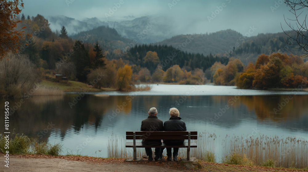 An enchanting image of an elderly couple sitting on a bench overlooking a tranquil lake, their hands clasped together as they enjoy the serenity of nature. Dynamic and dramatic com