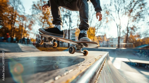 A skateboarder grinding along a rail in an urban skate park.