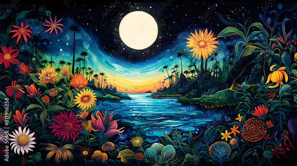 illustration of flowers moon lakeside scene in the expressionistic bold lines background poster decorative painting 