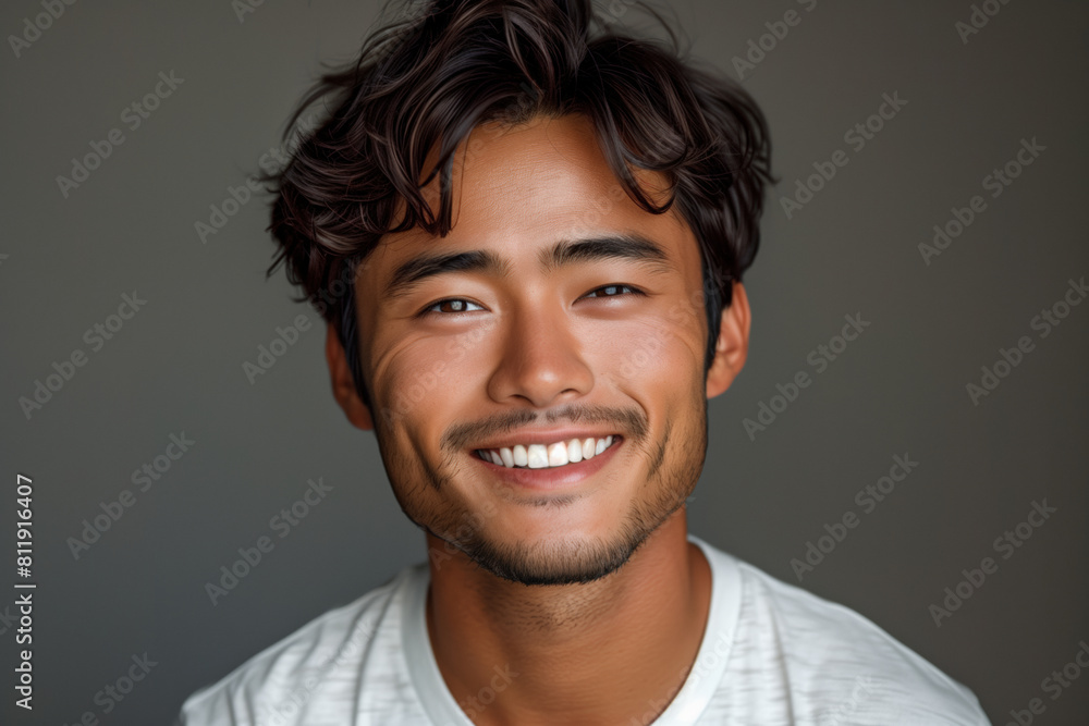 Smiling asian man in t-shirt against dark grey minimalist blank background, portrait for marketing Smiling asian man in t-shirt against dark grey minimalist blank background, portrait for marketing