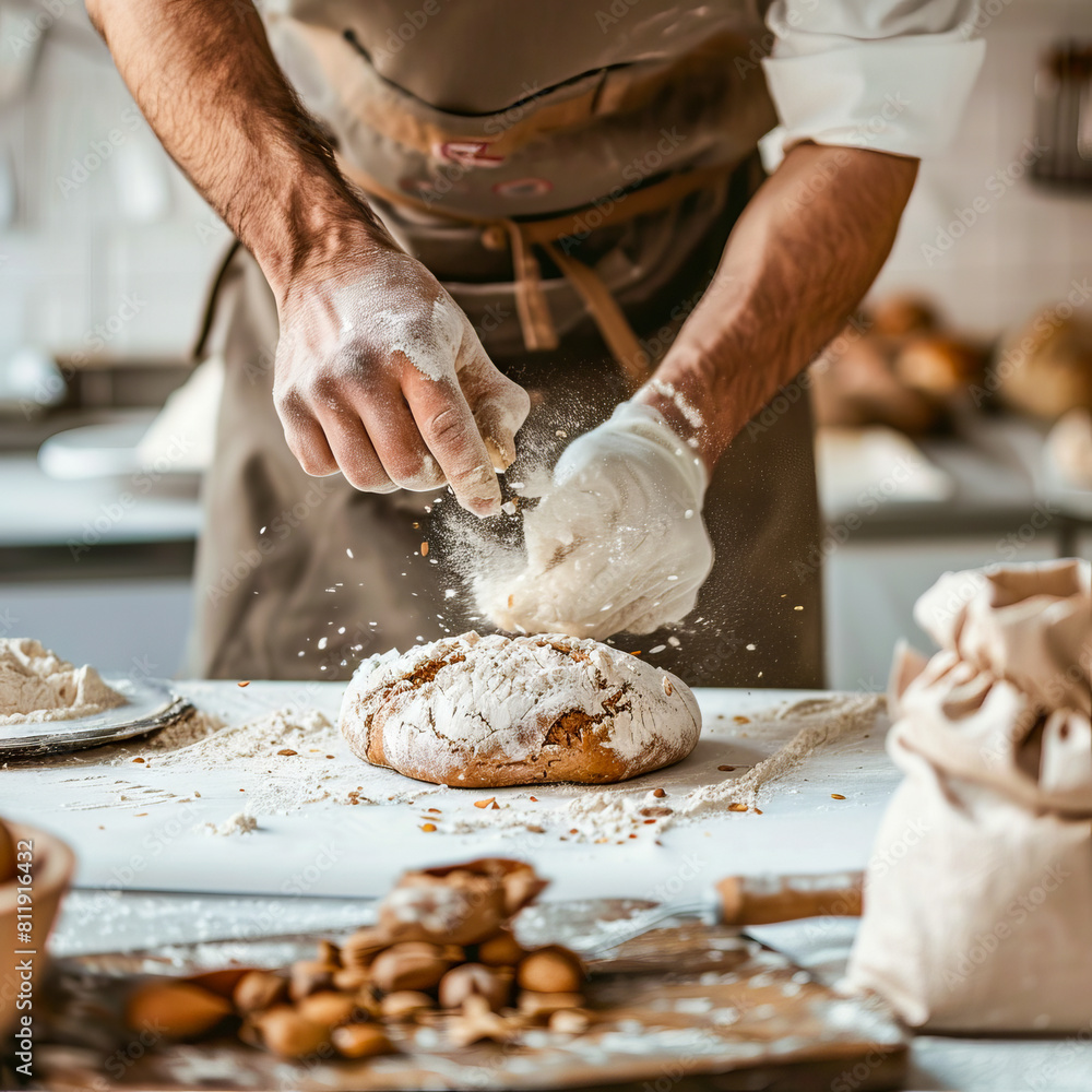 A man is sprinkling flour on a loaf of bread.