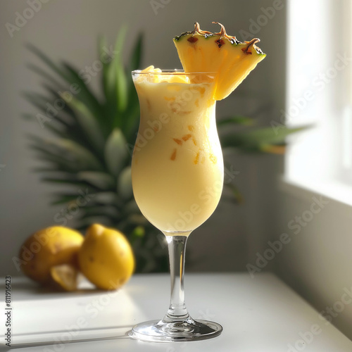 Pina Colada cocktail with pineapple wedge in a glass 