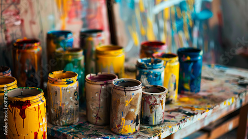 A painting studio with many paint cans on the table.