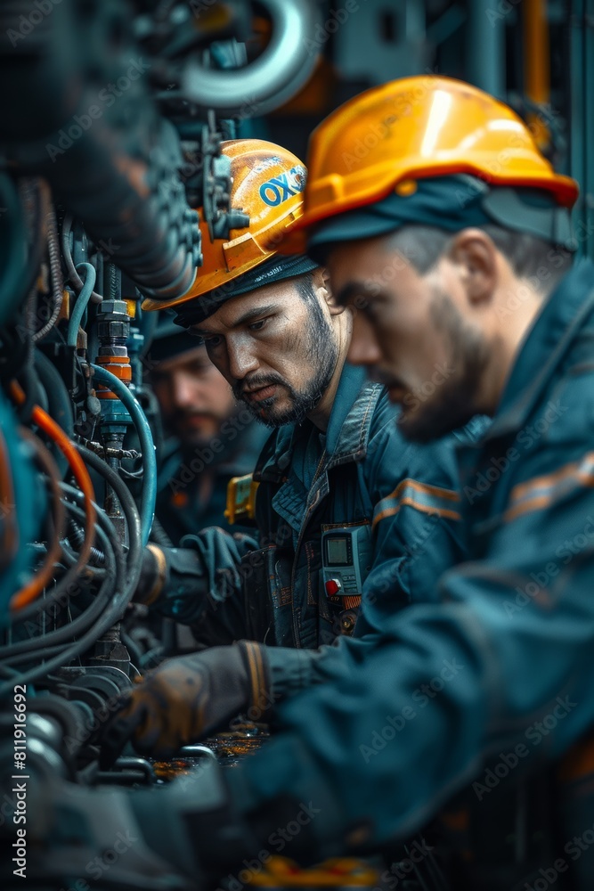 Workers in Hard Hats Repairing Machine Workers in Hard Hats Repairing Machine