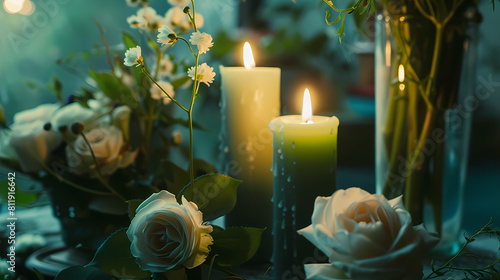 green lit candles and flowers --ar 16:9