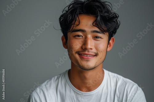 Smiling asian man in white t-shirt against grey minimalist blank background, for promotional material