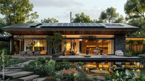 A modern eco villa featuring a roof covered entirely with a solar panel to harness renewable energy © Pavel Kachanau