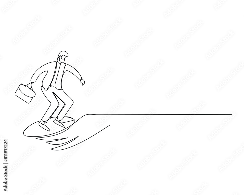Continuous single one drawing businessman holding a suitcase surfing forward. vector illustration design for Business growth strategy concept. Continuous single one drawing businessman holding a suitcase surfing forward. vector illustration design for Business growth strategy concept.