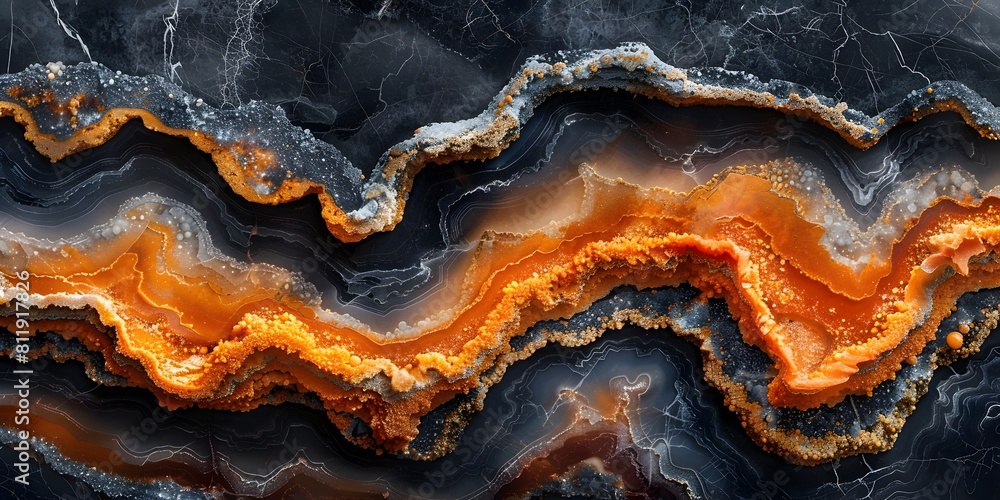 Fototapeta premium Mesmerizing Black Marble Background with Vibrant Orange and Metallic Accents Showcasing Intricate Geological Patterns and Textures