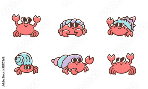 Set of funny sea or marine crabs. Сute cartoon crustacean animals. Colorful vector illustration isolated on white background