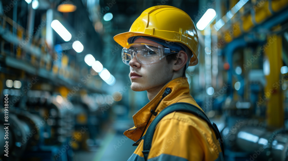 A young male engineer in a yellow hard hat and safety goggles inspects equipment in an industrial factory setting. A young male engineer in a yellow hard hat and safety goggles inspects equipment in an industrial factory setting.