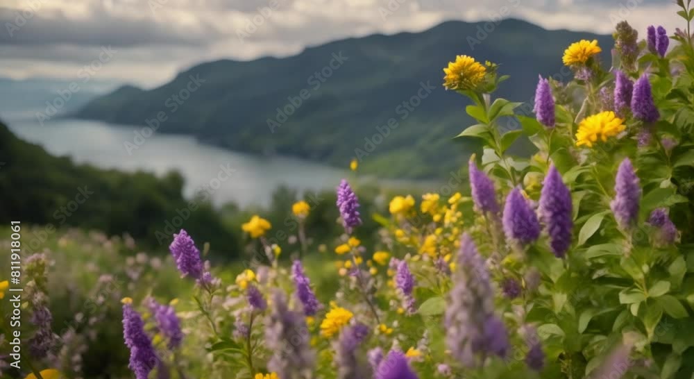 Many Flowers and herbs. In the distance there are beautiful rivers and mountains - Generative Ai Many Flowers and herbs. In the distance there are beautiful rivers and mountains - Generative Ai