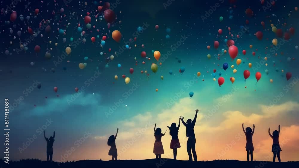 Colorful balloons rise energetically into a twilight sky, their vibrant hues contrasting beautifully against the dusky backdrop. Below, silhouetted figures reach upwards, their movements full of joy Colorful balloons rise energetically into a twilight sky, their vibrant hues contrasting beautifully against the dusky backdrop. Below, silhouetted figures reach upwards, their movements full of joy