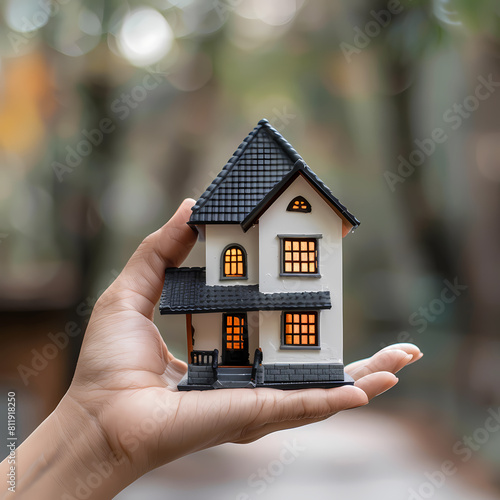 Human hand holds a miniature house or home model, new house, property insurance concept. Mortgage, home loan concept by house in hand