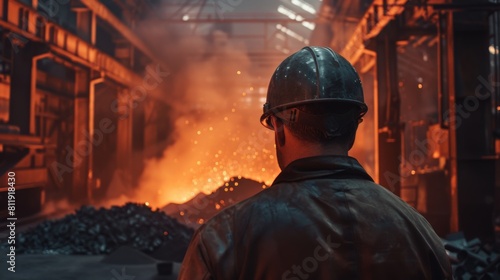 A steelworker looks at the molten metal being poured into a mold.