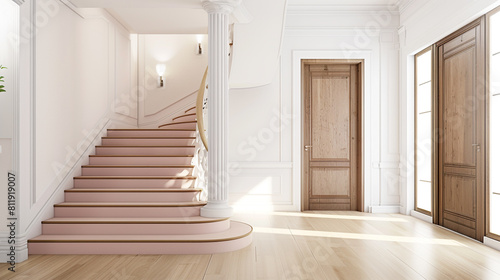 Minimalist home entrance with a soft pink staircase a classic wooden door and a wide light hardwood floor