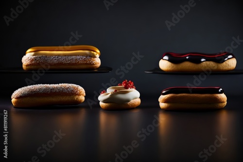 eclairs, minimalist, traditional, natural light, professional food photography, advertising with empty copy space. photo