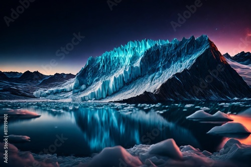 wallpaper of a shrinking glaciers, with rocky moraines as the background, during accelerated glacial melt. photo