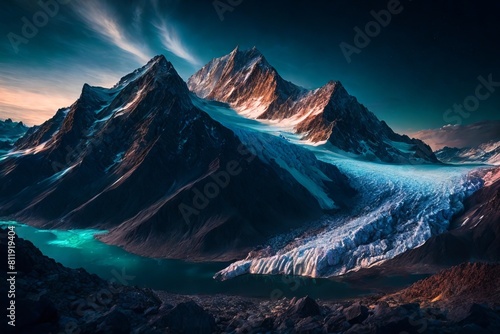 wallpaper of a shrinking glaciers, with rocky moraines as the background, during accelerated glacial melt. photo