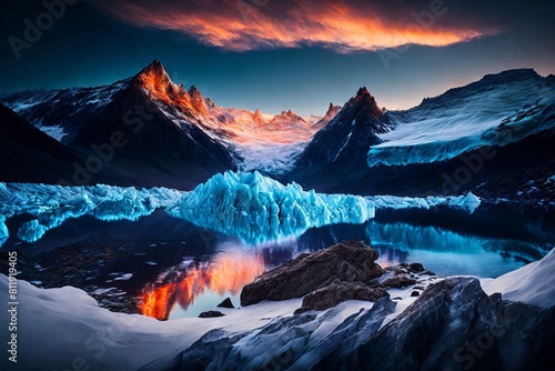 wallpaper of a shrinking glaciers, with rocky moraines as the background, during accelerated glacial melt. photo