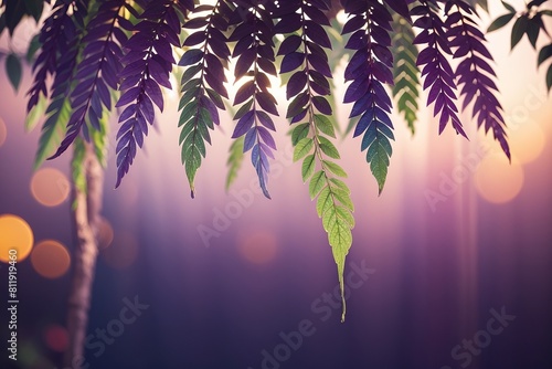 Colorful transparent leaves on a purple background banner with copy space in a pastel colors. photo